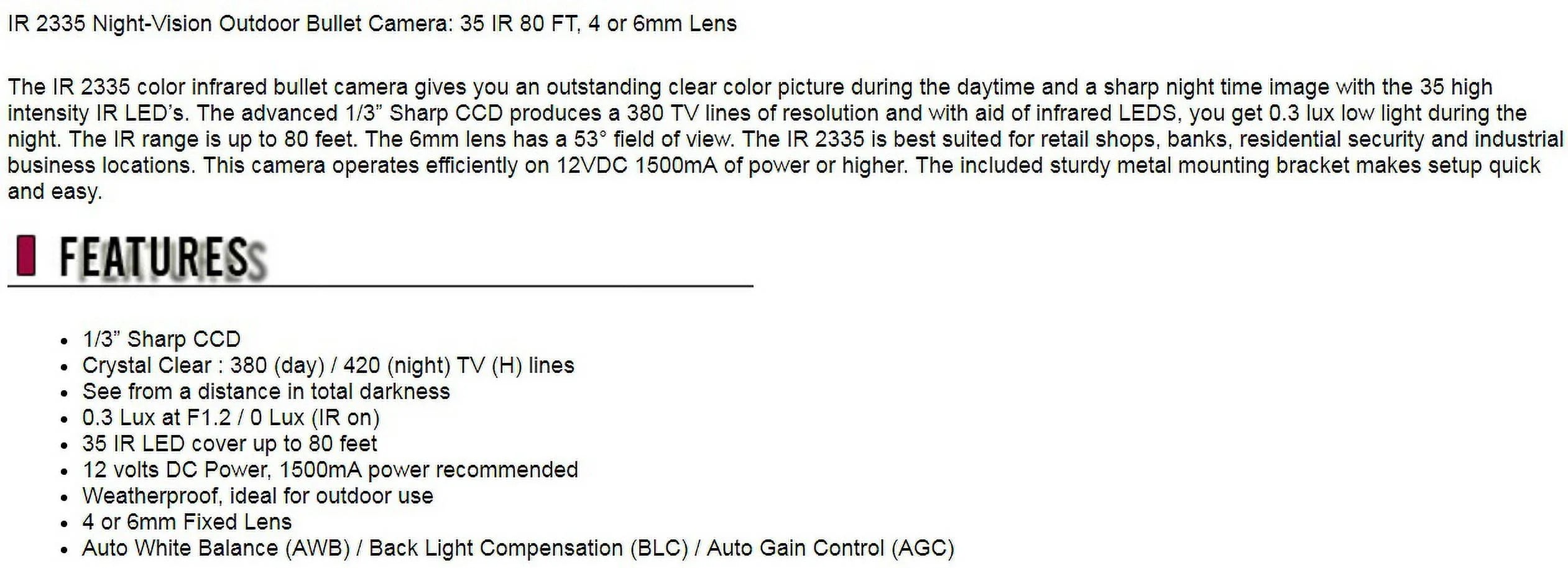 Eyemax IR 2335 Night-Vision Outdoor Bullet CCTV Security Camera 35 IR 80FT (6mm Fixed Lens)