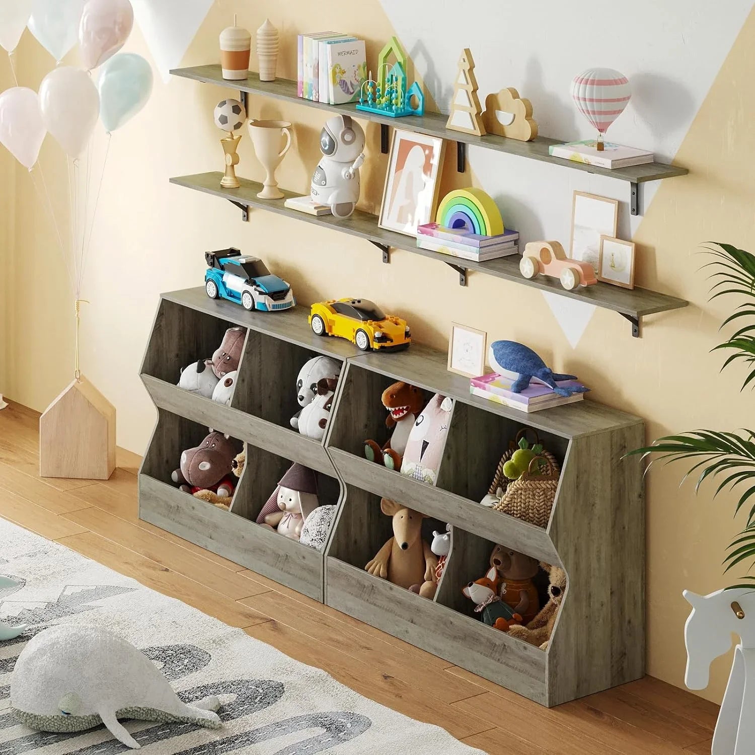 JIAH Kids , Toy Storage Organizer, Wooden Toy Storage Cabinet, 4 Cubby Children Bookcase, Toddler Book Toy Shelf Bedroom, Nursery, Hallway, School, 39.4" Long, Gray Wash