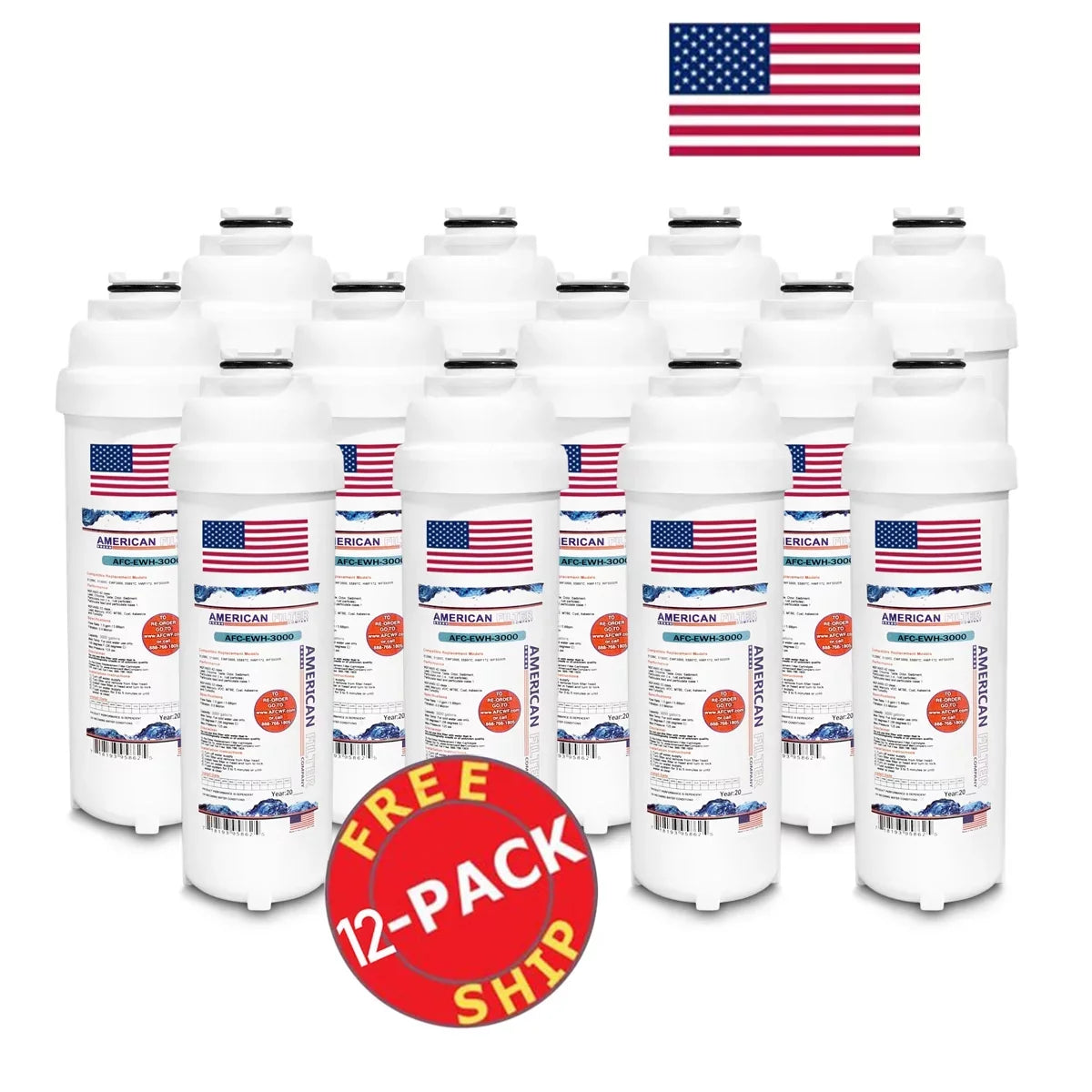 AFC Brand , Water Filters , Model # AFC-EWH-3000 , with WaterSentry® HTVZDBLSS-WF - 12 Pack - Made in U.S.A.
