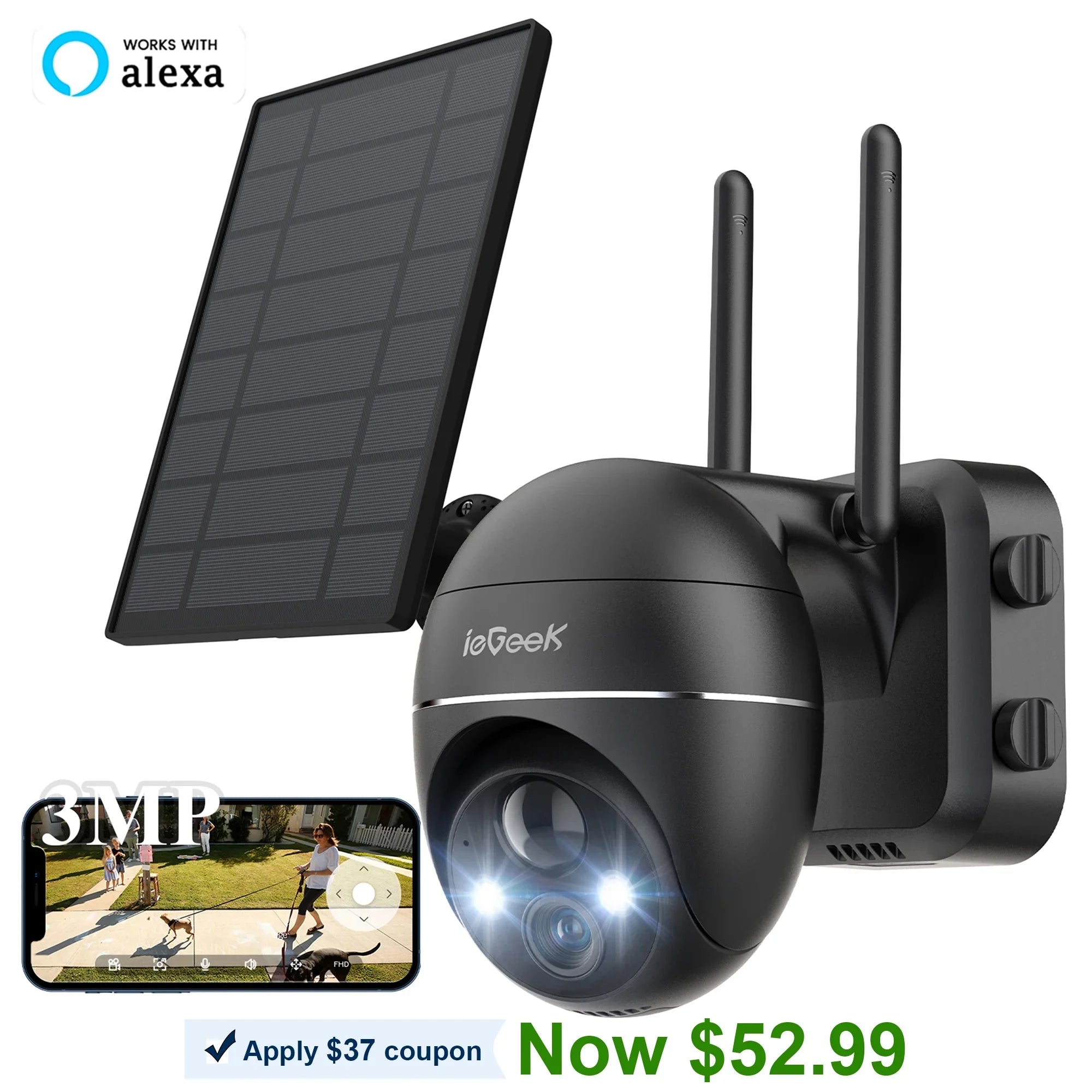 Solar Outdoor Wireless Security Camera WiFi, Spotlight & Siren, PTZ 360° View, 2K/3MP Color Night Vision, Outdoor Surveillance Camera with PIR Motion Detection, Work with Alexa