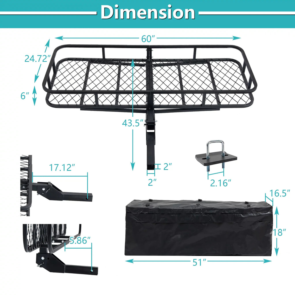 60" x 24" x 6" Hitched Mounted Folding Cargo Basket with a 500 lb Capacity Car SUV Truck Trailer, Black
