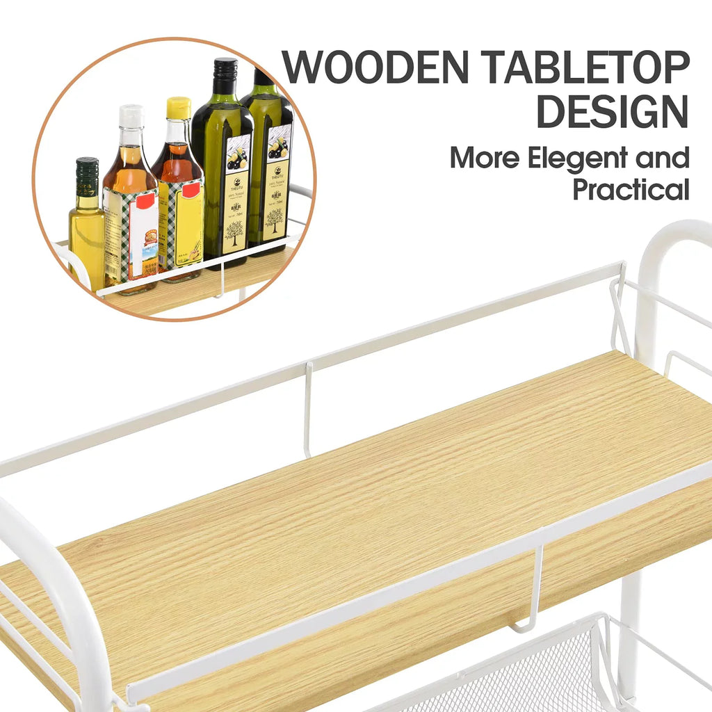 KK KINGRACK 4-Tier School Rolling Cart, Mesh Storage Utility Carts with Wooden Tabletop Kitchen Bathroom, White