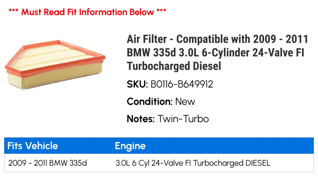 Air Filter - with 2009 - 2011 BMW 335d 3.0L 6-Cylinder 24-Valve FI Turbocharged Diesel 2010
