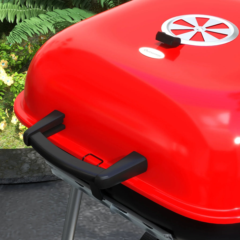 Outsunny Portable Charcoal Grill with Wheels Bottom Shelf Picnic, Red