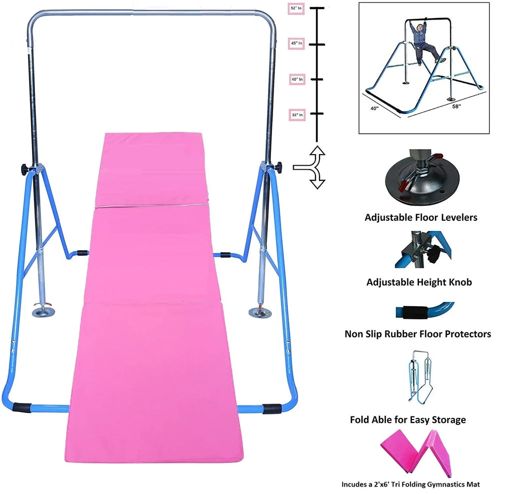 Expandable Gymnastics Kip Bar Gymnastic Training Kip Bar Adjustable Height Horizontal Bar Monkey Bars Folding Climbing Tower Fitness Kids with Mat Blue