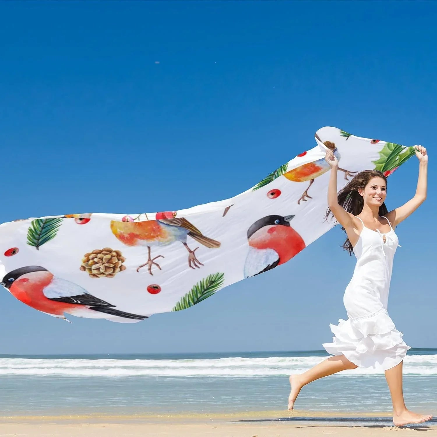Hyjoy Christmas Watercolor Bird with Leaves Long Silk Neck Scarf Lightweight Shawl Wrap Scarves Women Girls