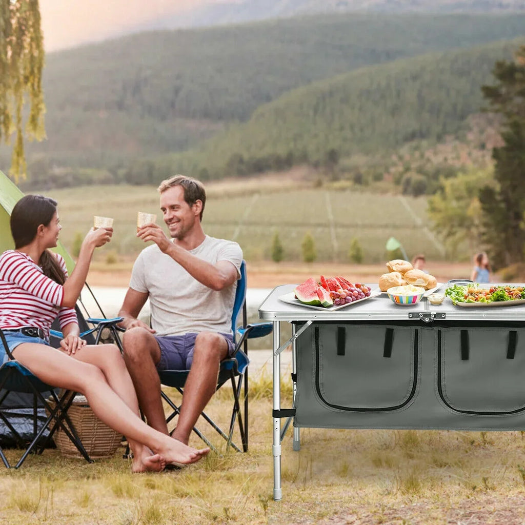 Grey Folding Camping Table with Height Adjustable Aluminum Frame and Storage Organizer