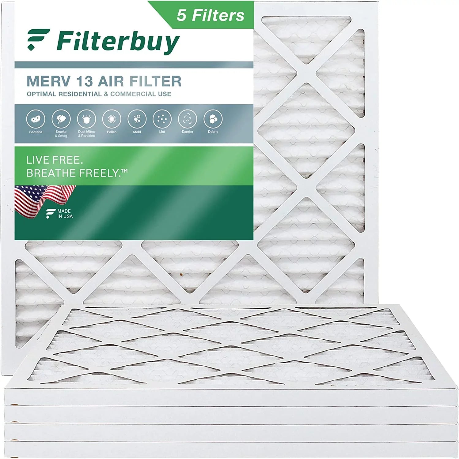 Filterbuy 14x14x1 MERV 13 Pleated HVAC AC Furnace Air Filters (5-Pack)