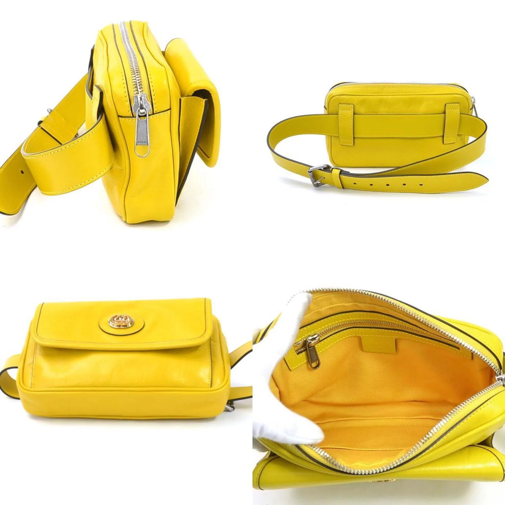 Pre-Owned Gucci GUCCI waist bag belt interlocking G leather yellow silver unisex 598080 (Good)