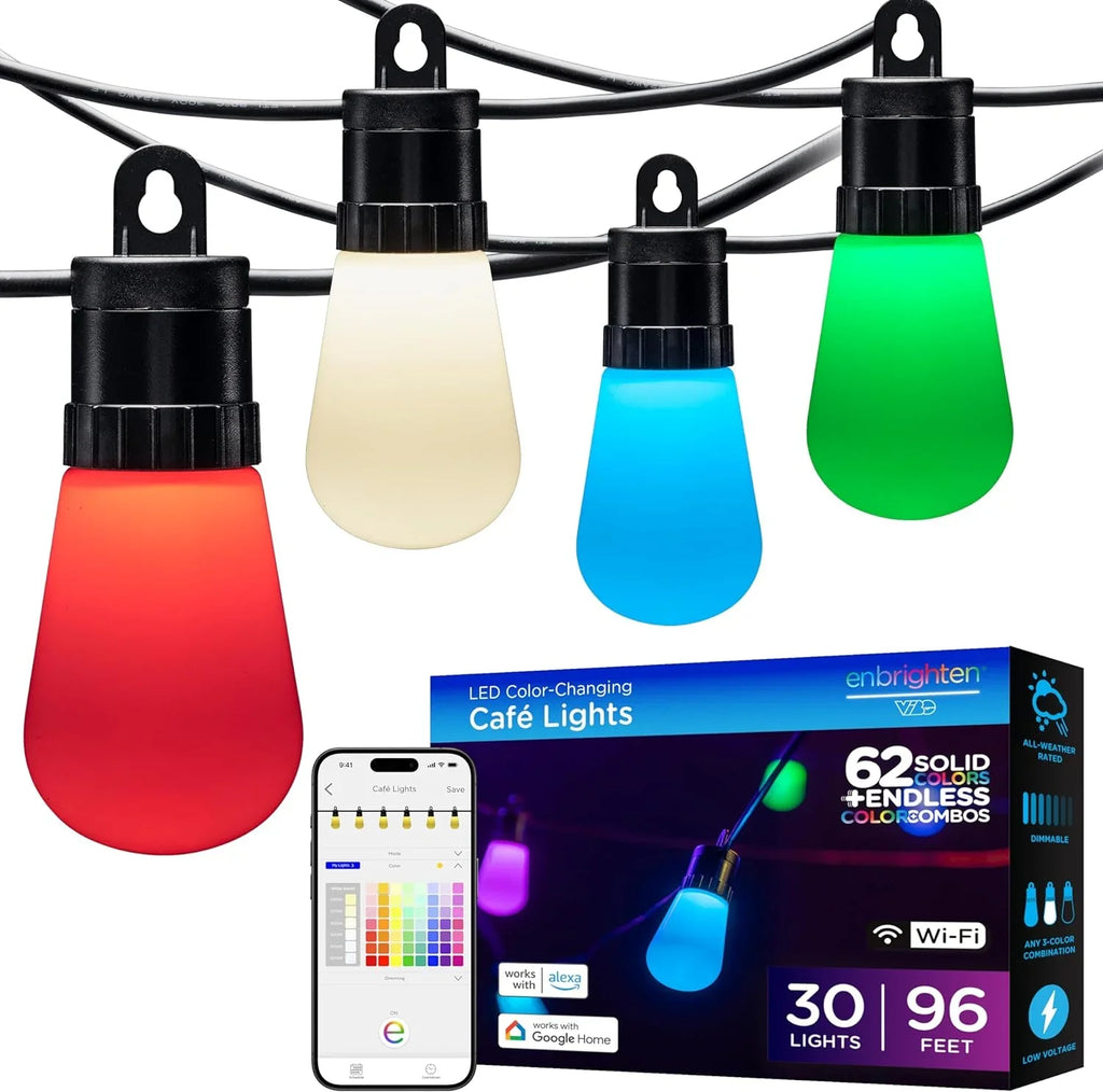 YANRUI Smart Color Changing String Lights, 96 ft, 30 Lightweight RGB LED Patio Lights, proof, Customizable, Wi-Fi App Control, Dimmable Outdoor String Lights, 79617