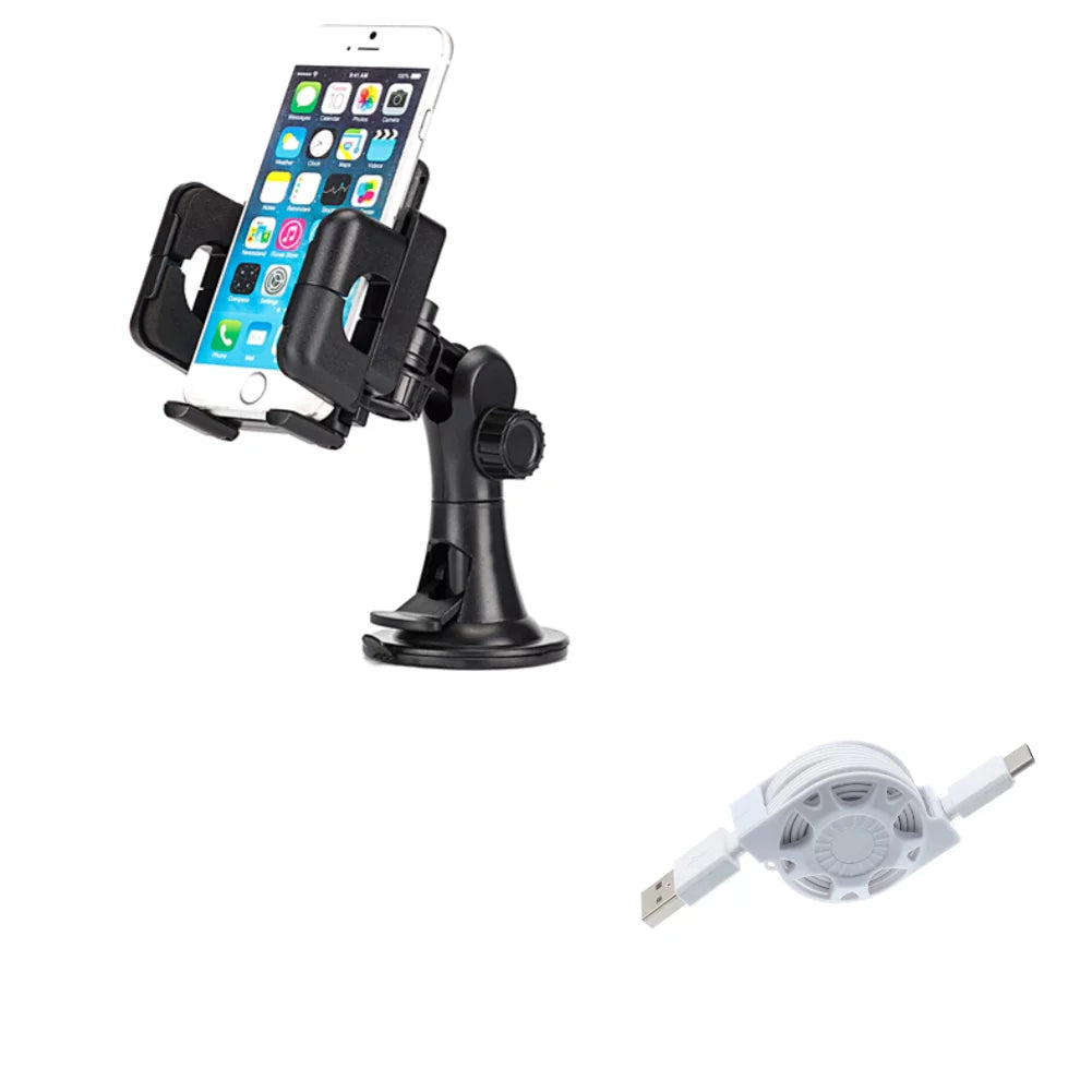 USB Cable w Car Mount, Retractable Type-C Charger, Dash Windshield Holder N2Z Samsung Galaxy A9 A50 A20 A10e - Sonim XP8 XP3 - Sony Xperia 5 10 Plus 1 - Xiaomi Redmi Note 7, Mi Mix 2 9T 9