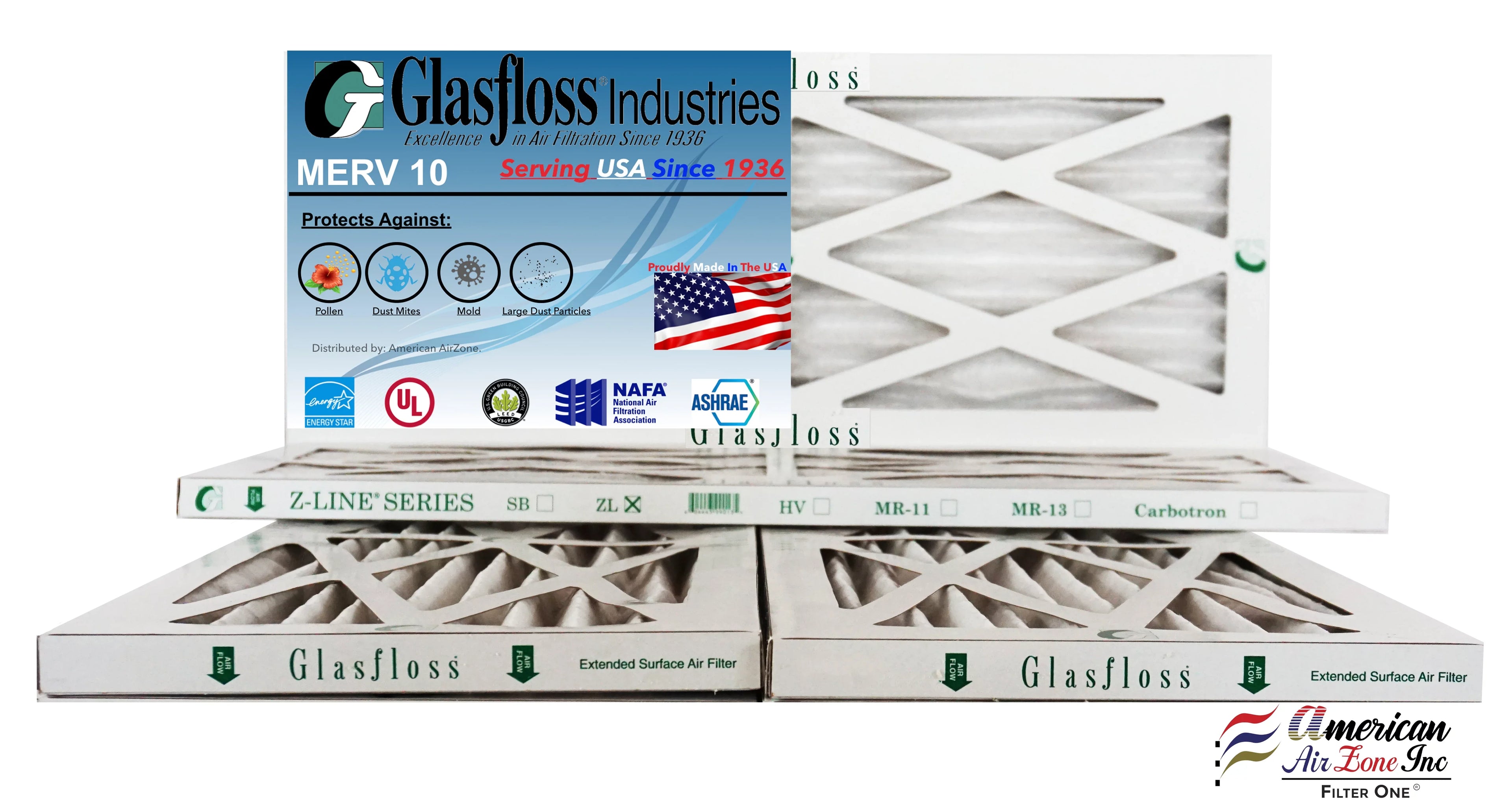 Glasfloss 8x14x1 - MERV 10 -Qty:4 - Furnace Air Filter - Made in USA (Actual Size: 7.5 x 13.5x7/8 inch)