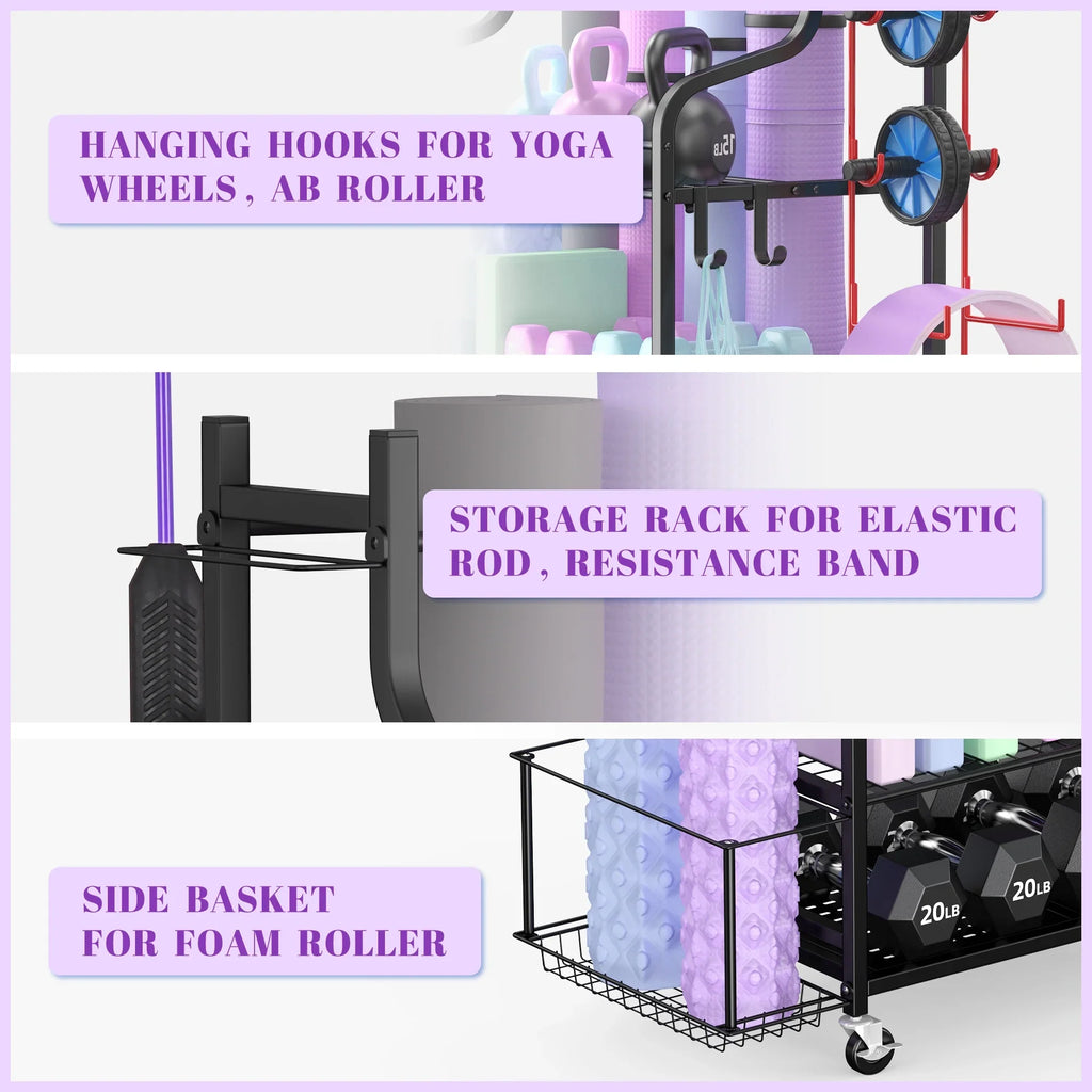 Mythinglogic Yoga Mat Storage Racks, Home Gym Storage Rack, Workout Equipment Storage Organizer with Hooks Wheels