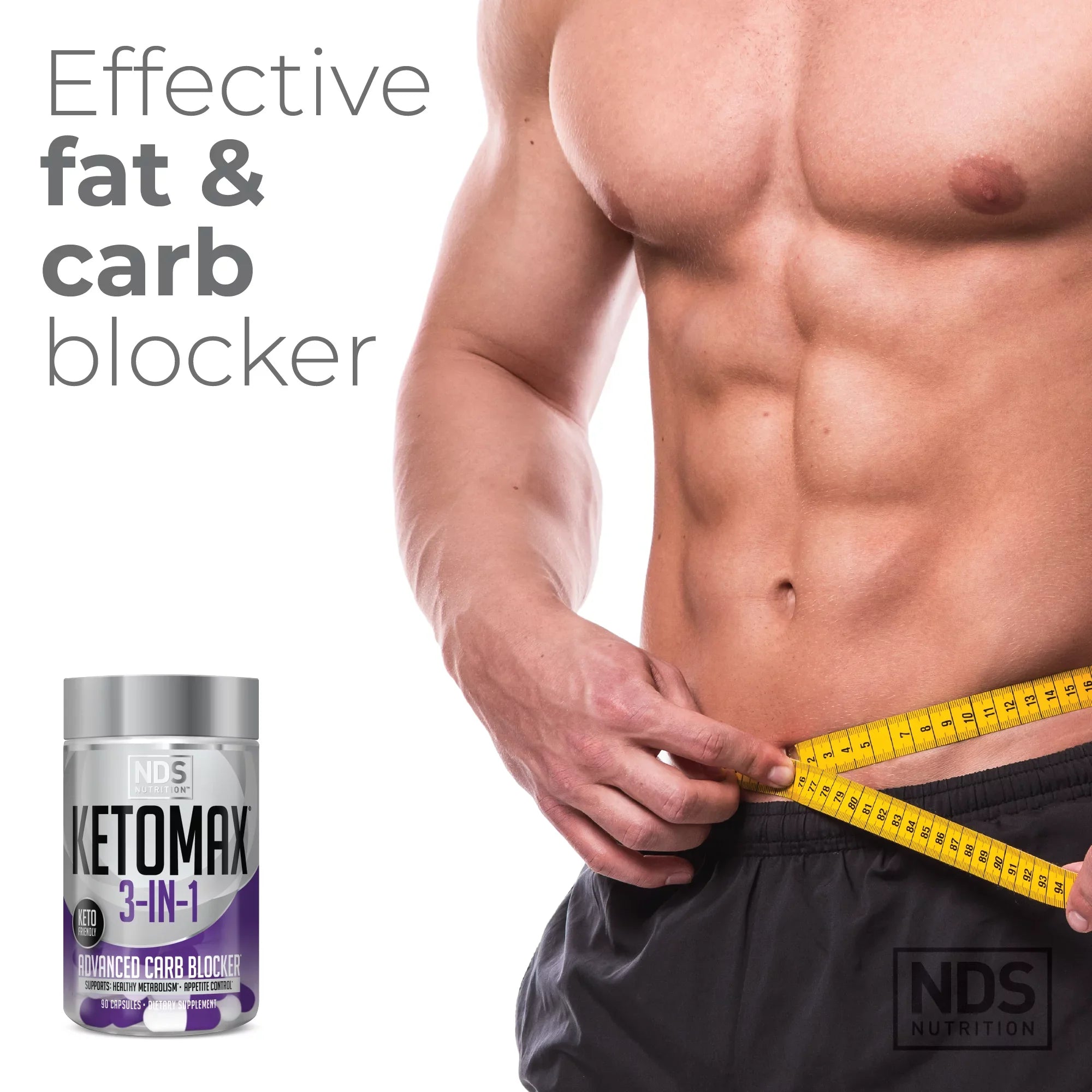 NDS Nutrition Keto-Max Advanced 3-in-1 - Keto Pills Fat Loss Support - Carb Blocker Appetite Suppressant - White Kidney Bean, Chitosan, Raspberry Ketones, and Vanadium (90 Capsules)