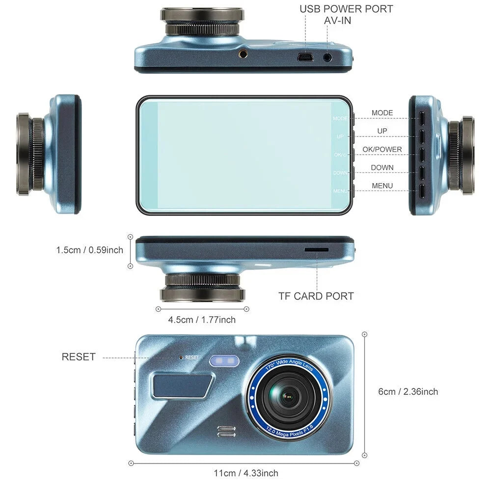 Onemayship HD 1080P Car Dual Lens Dash Cam 4" DVR Recorder Front & Rear Camera Night Vision
