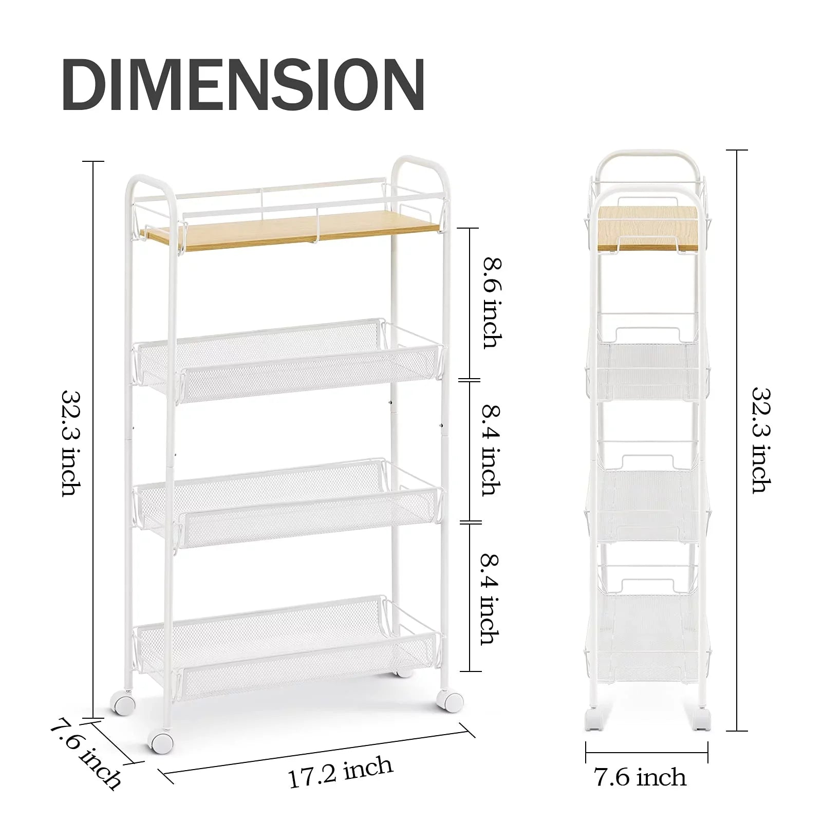 KK KINGRACK 4-Tier School Rolling Cart, Mesh Storage Utility Carts with Wooden Tabletop Kitchen Bathroom, White