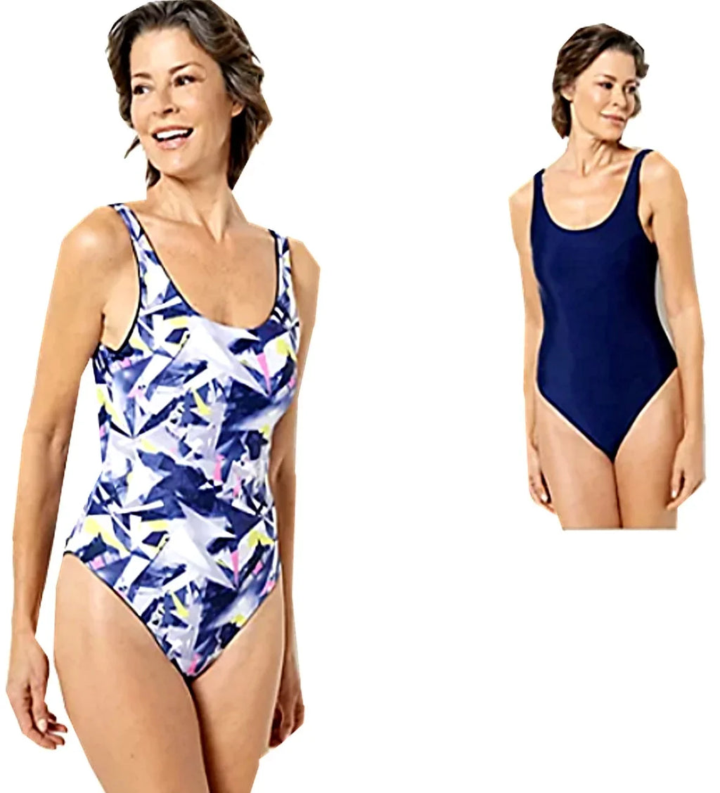 Attitudes by Renee 1-Piece Reversible Bathing Suit Swimsuit - Neon Shatter/Navy A500943 Size Large