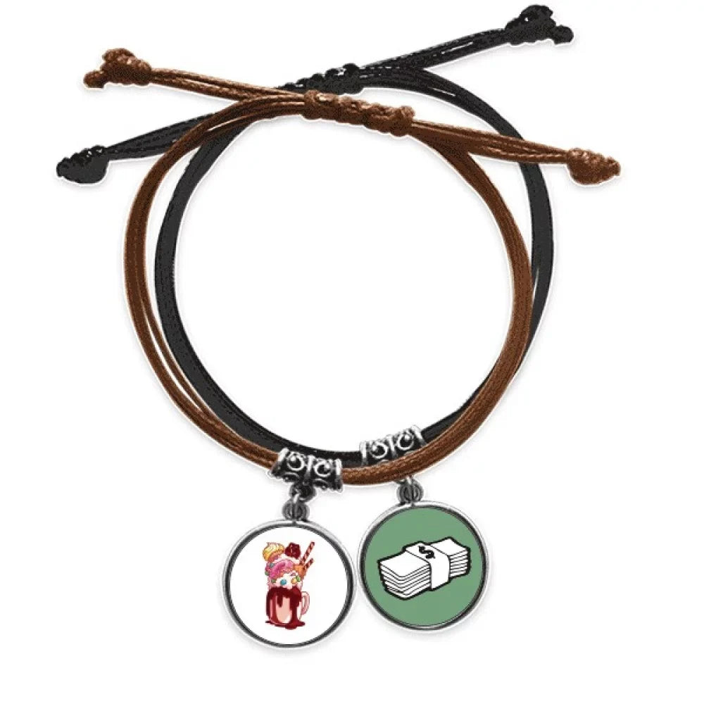 Donut Chocolate Biscuit Cup Ice Bracelet Rope Hand Chain Leather Money Wristband
