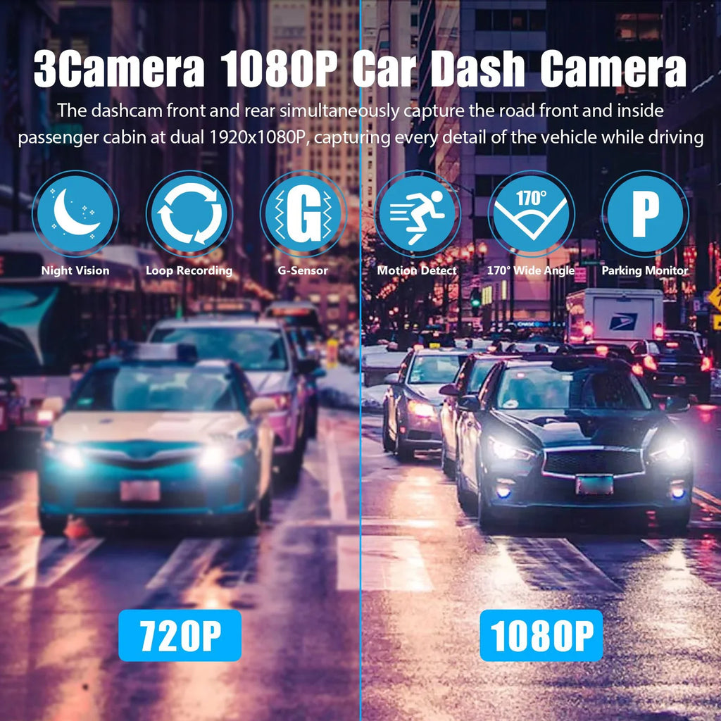 Dash Cam Front Rear Inside W/32GB TF Card, 3 Channel Dual Dash Camera, 1080P Car Camera DVR Backup Cam, 3 Way Triple Dashboard Driving Recorder, Inside IR Night Vision, G-Sensor