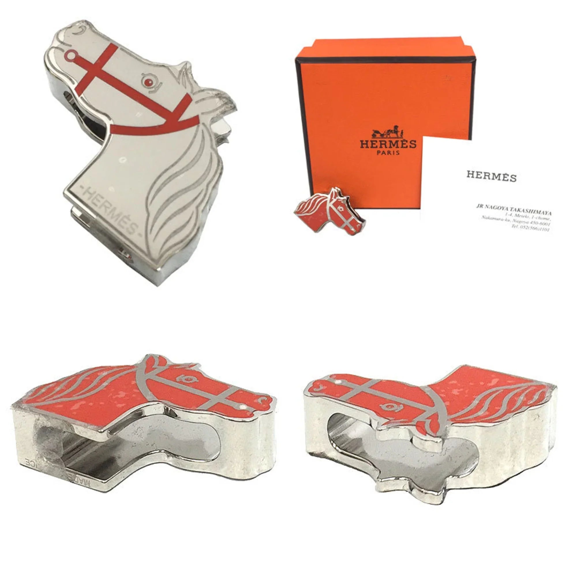 Pre-Owned HERMES Twilly Ring Quadrige Scarf Muffler Orange/Silver 2022 Collection Hermes Women's (Like New)