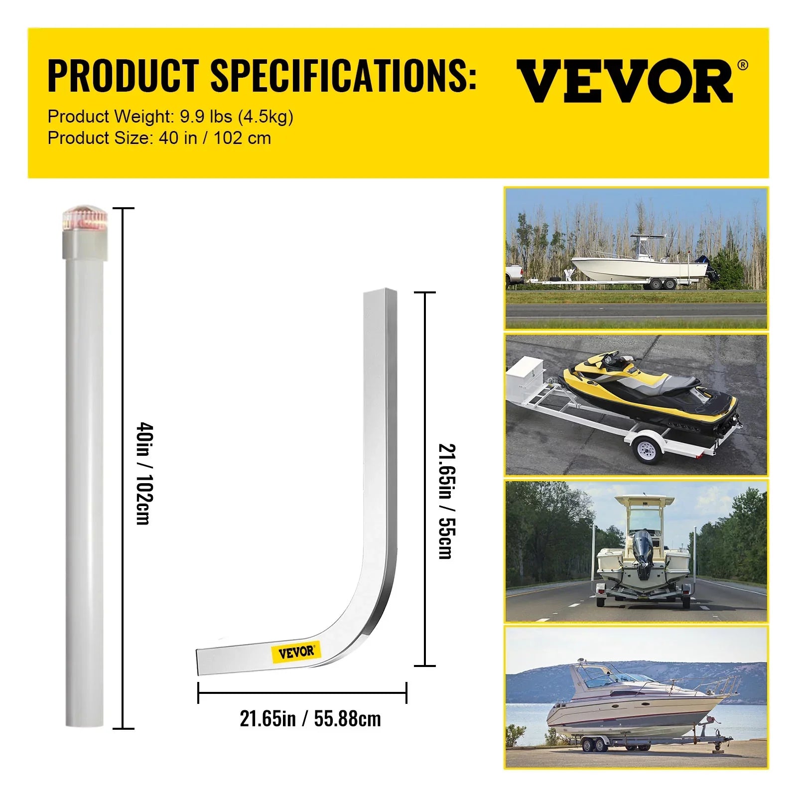 VEVORbrand Watercraft Trailer Guide-on, 40", 2pcs Galvanized Steel Trailer Post Guide on, with LED-Lighted PVC Tube Wrap Mounting Hardware Included, Ski Ship Fishing Vessel or Watercraft Trailer