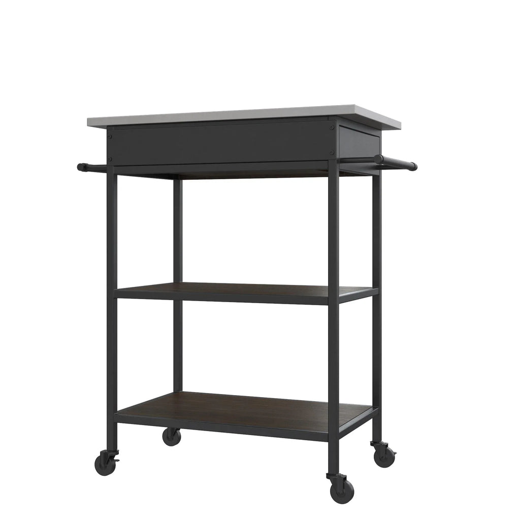 DHP Kane Kitchen Cart, Black Metal Frame, Stainless Steel Counter Top, Pantry Storage, Brown