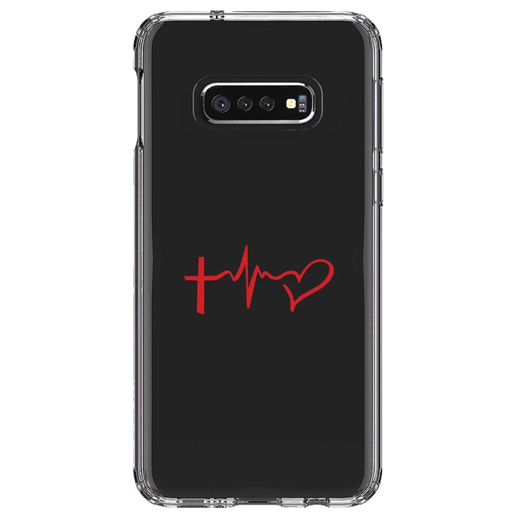 DistinctInk Clear Shockproof Hybrid Case Samsung Galaxy S10e (5.8" Screen) - TPU Bumper Acrylic Back Tempered Glass Screen Protector - Cross Heart - Faith Hope Love