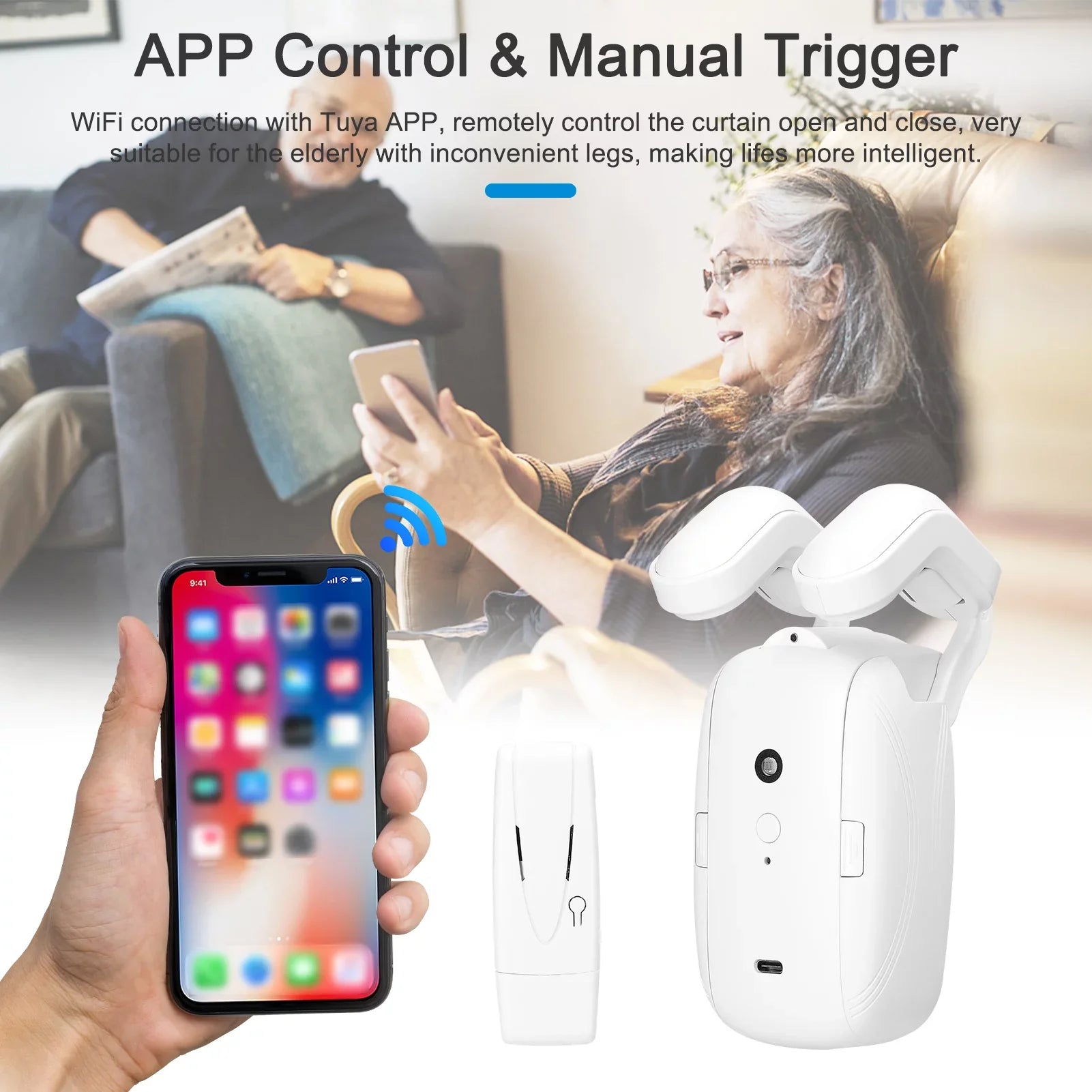 Htovila WiFi Intelligent Curtain Motor Electric Curtain Robot Automatic Opener No Wiring with Gateways Support APP Remote Control Timer Setup & Sensing with Home Roman Rod