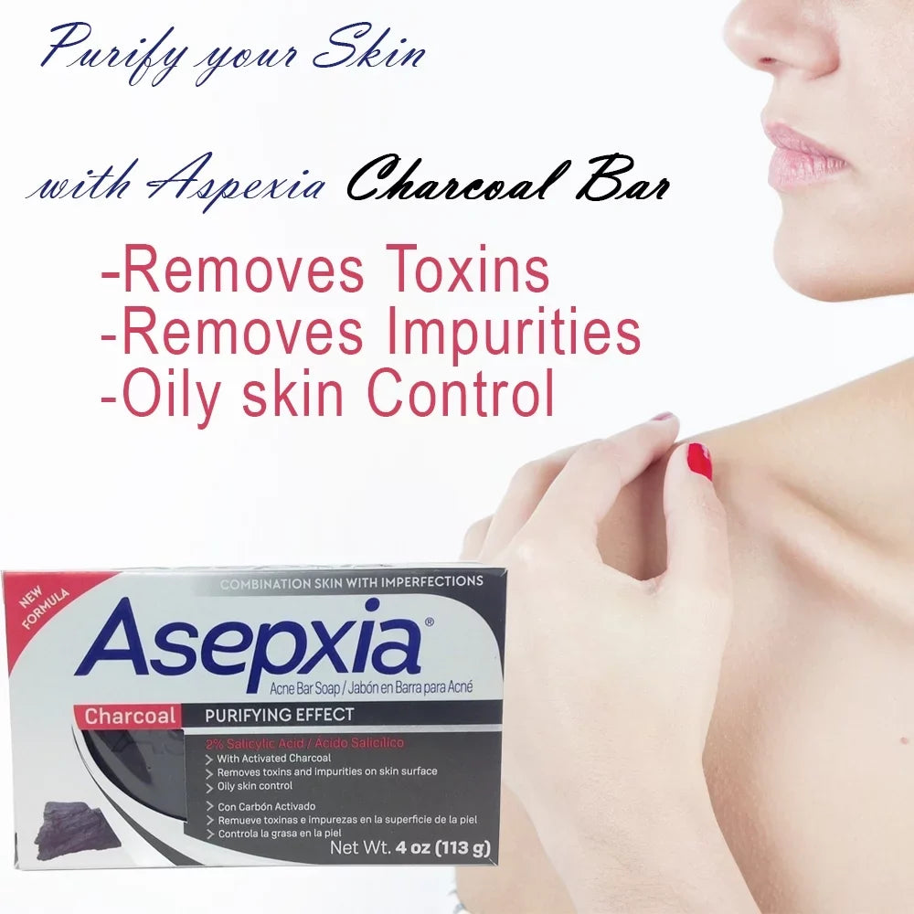 Asepxia Charcoal Cleansing Bar Soap Acne and Blackheads. Removes Impurities and Toxins. Helps Oily Skin with Salycilic Acid. 4 oz. Pack of 3