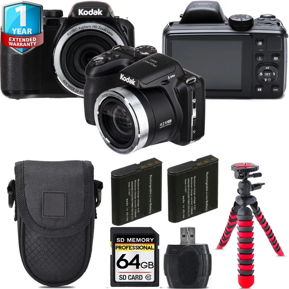 Kodak PIXPRO AZ421 Digital Camera (Black) + Extra Battery +Tripod + 1 Yr Warranty -64GB Kit
