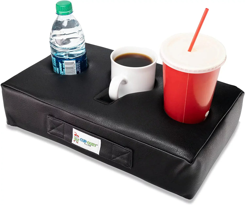 Cup Cozy Pillow (Black Faux Leather) *As Seen on TV*- The World's BEST Cup Holder. Keep drinks close and prevent spills. Use it anywhere-Couch, floor, bed, man cave, car, RV, park, beach and more!