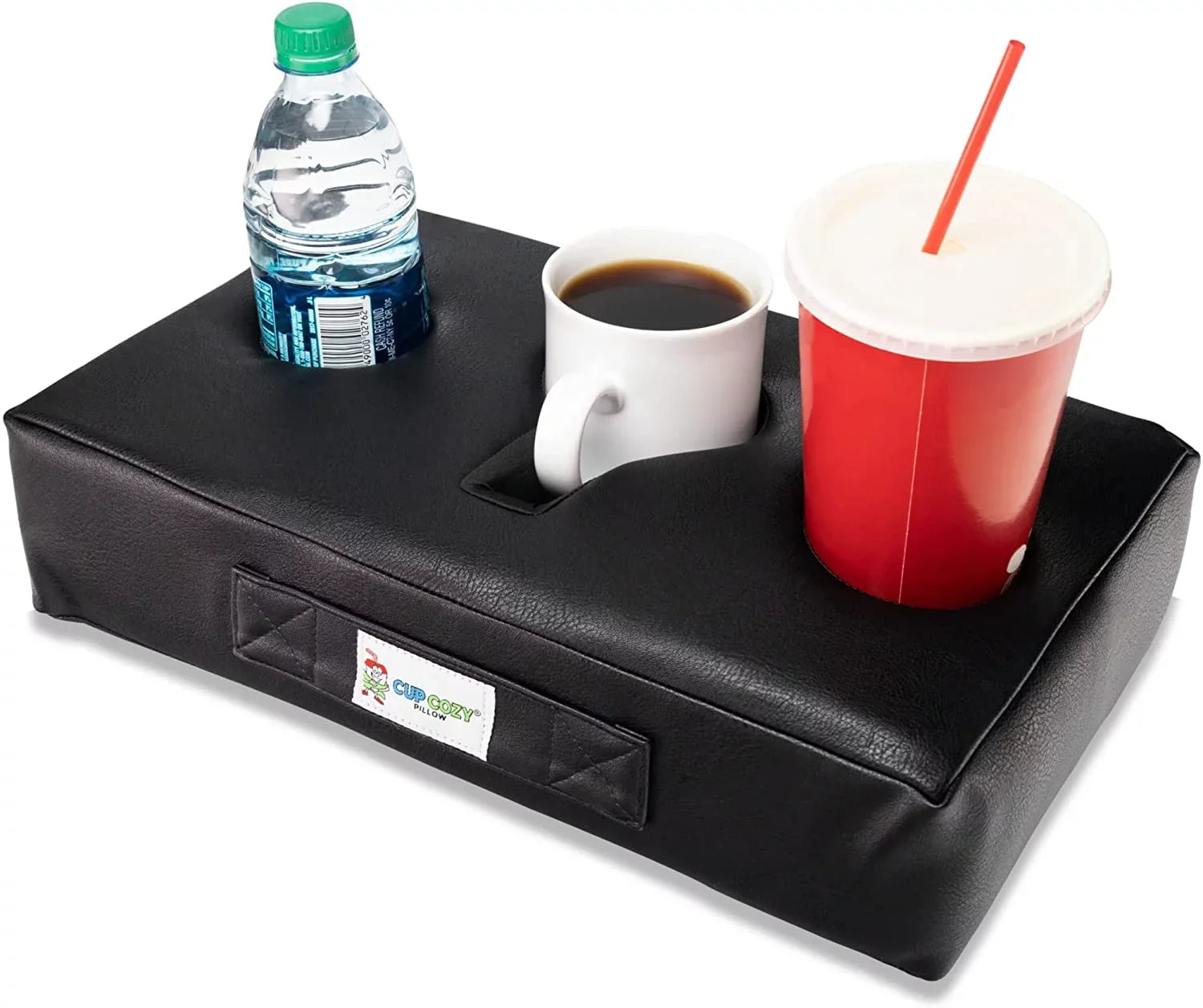 Cup Cozy Pillow (Black Faux Leather) *As Seen on TV*- The World's BEST Cup Holder. Keep drinks close and prevent spills. Use it anywhere-Couch, floor, bed, man cave, car, RV, park, beach and more!