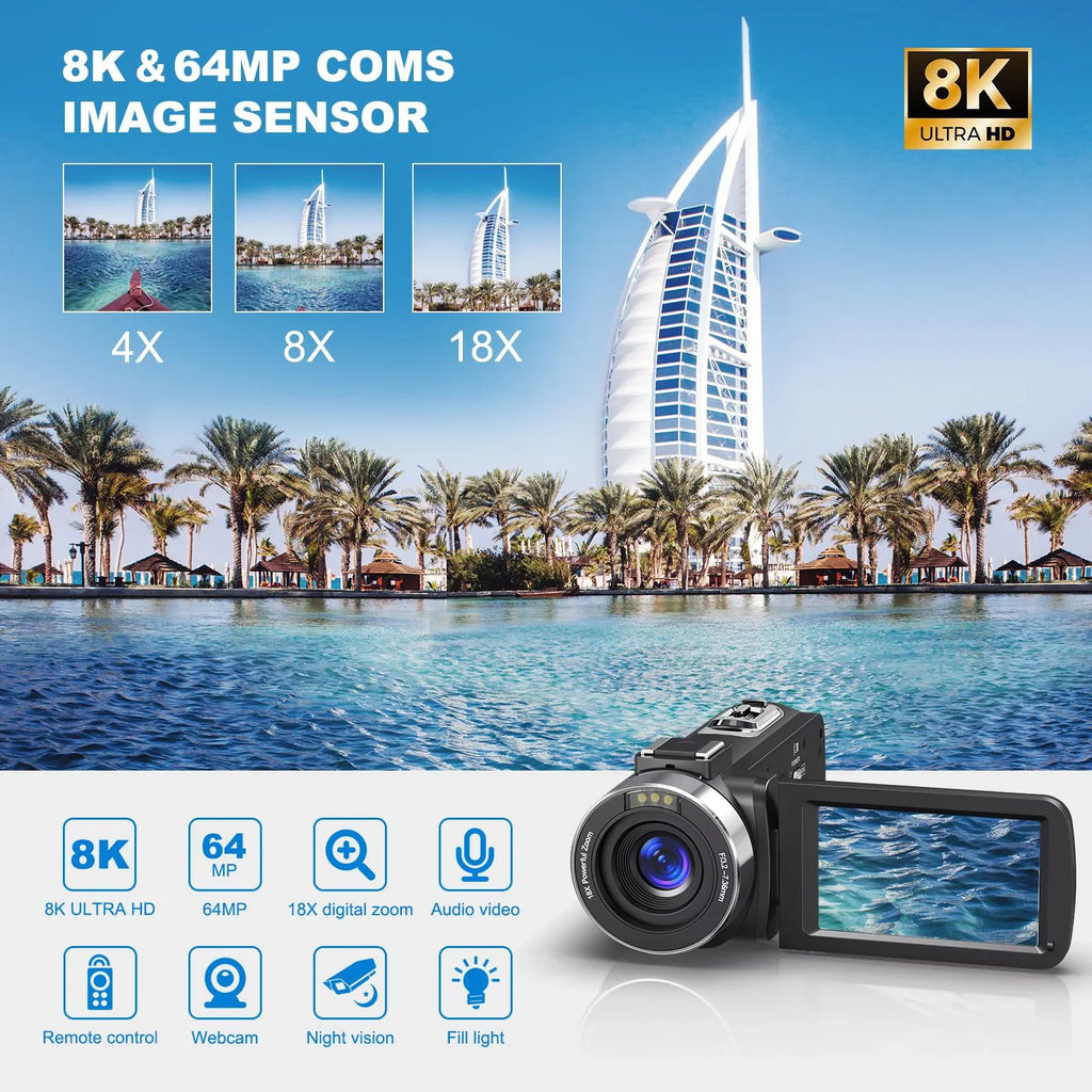 MARVUE 8K Video Camera 64MP 18X Digital Camera Video Camera Youtube 3.0 inch Flip Screen Camcorder Vlogging Camera with 32GB SD Card, 2.4G Remote Control, Two Batteries and External Mic