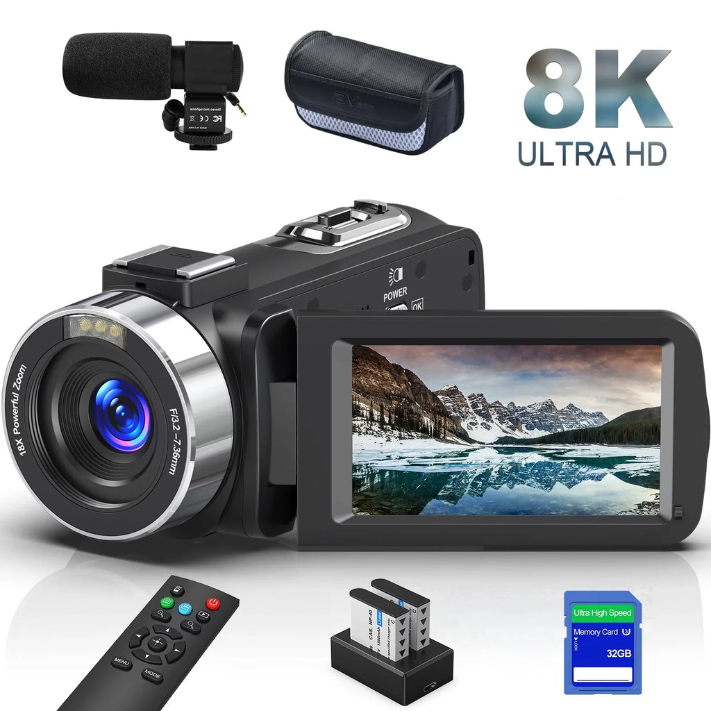 MARVUE 8K Video Camera 64MP 18X Digital Camera Video Camera Youtube 3.0 inch Flip Screen Camcorder Vlogging Camera with 32GB SD Card, 2.4G Remote Control, Two Batteries and External Mic