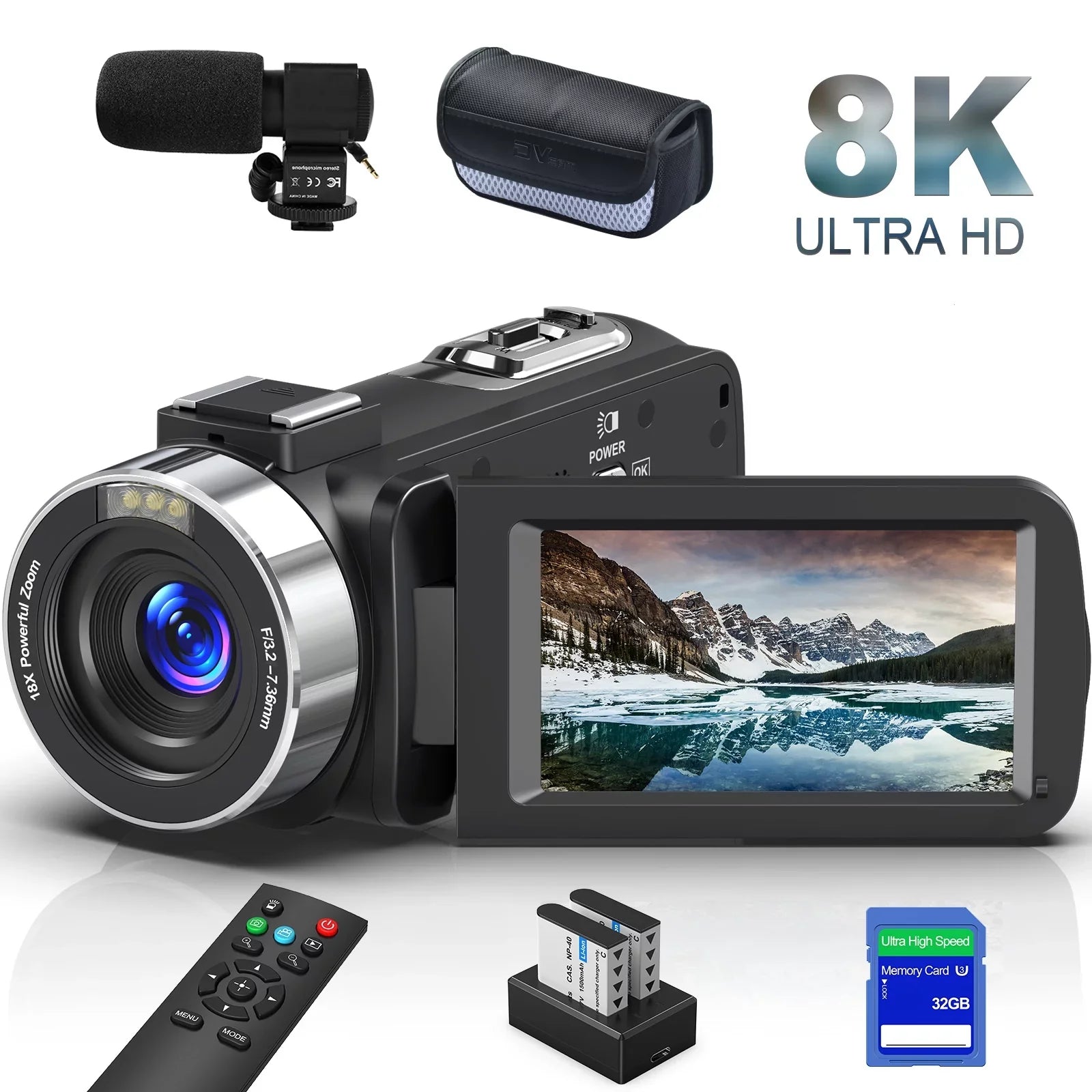 MARVUE 8K Video Camera 64MP 18X Digital Camera Video Camera Youtube 3.0 inch Flip Screen Camcorder Vlogging Camera with 32GB SD Card, 2.4G Remote Control, Two Batteries and External Mic