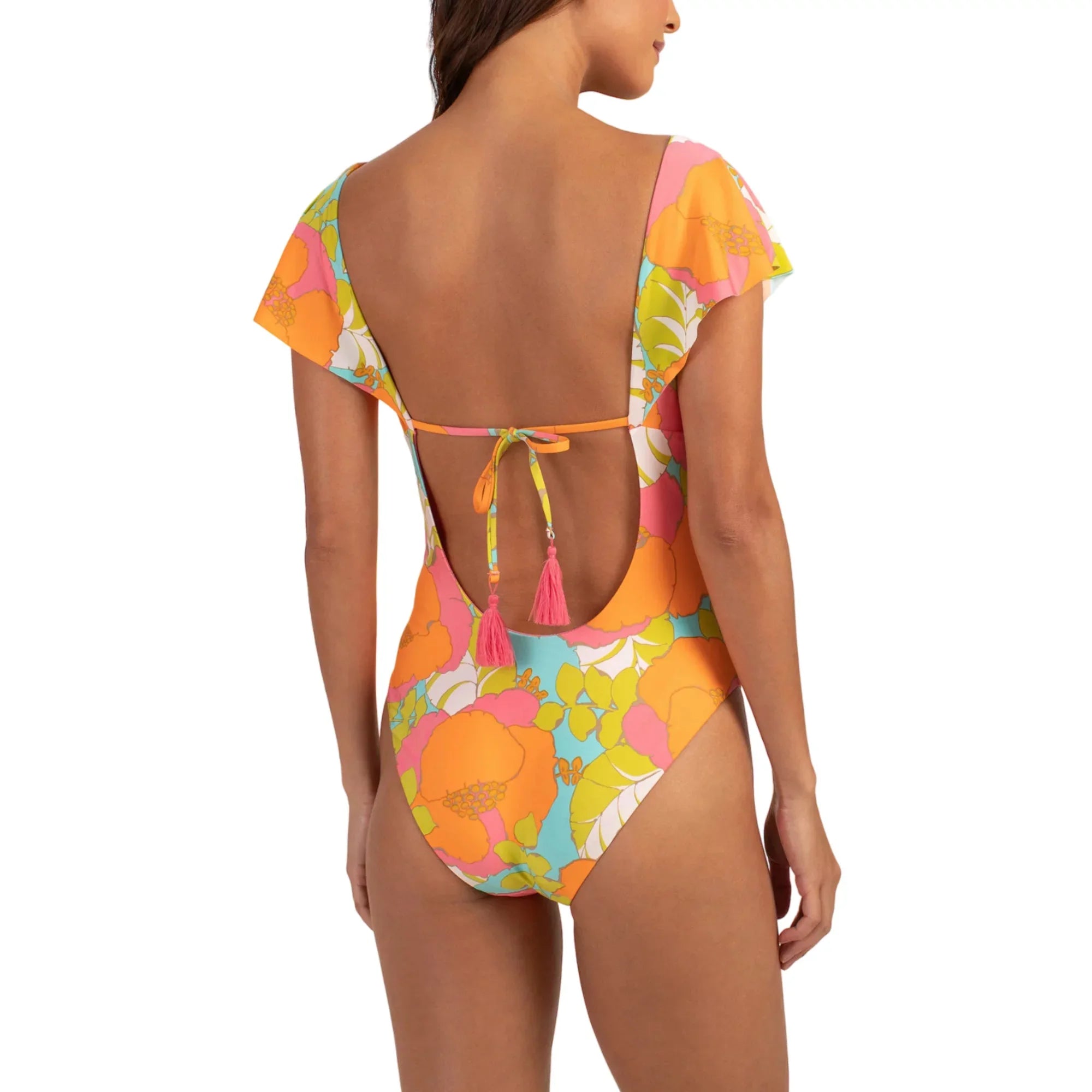 Trina Turk Women's Playa De Flor Keyhole Front Flutter Sleeves One-piece Swimsuit-Orange / 14