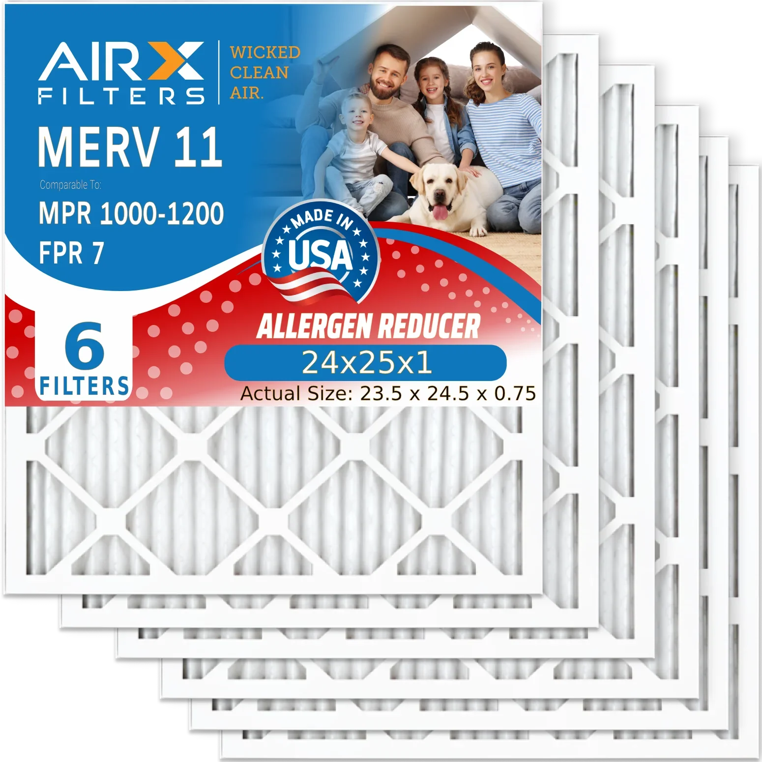 24x25x1 Air Filter MERV 11 Comparable to MPR 1000, MPR 1200 & FPR 7 Electrostatic Pleated Air Conditioner Filter 6 Pack HVAC Premium USA Made 24x25x1 Furnace Filters by AIRX FILTERS WICKED CLEAN AIR.