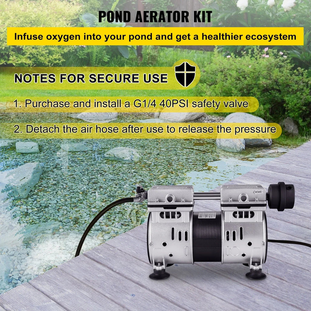 VEVOR 3/4 HP Pond Aerator 3 Acres, 4.7 CFM Lake Aeration System with 100' Weighted Tubing & 10" Membrane Diffuser Deep Water Aeration