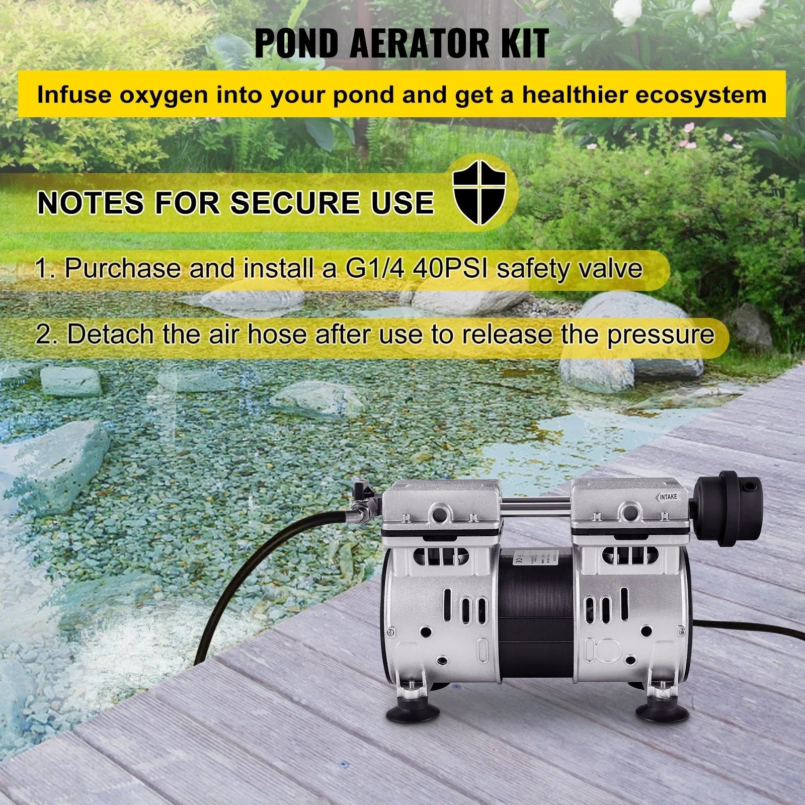 VEVOR 3/4 HP Pond Aerator 3 Acres, 4.7 CFM Lake Aeration System with 100' Weighted Tubing & 10" Membrane Diffuser Deep Water Aeration