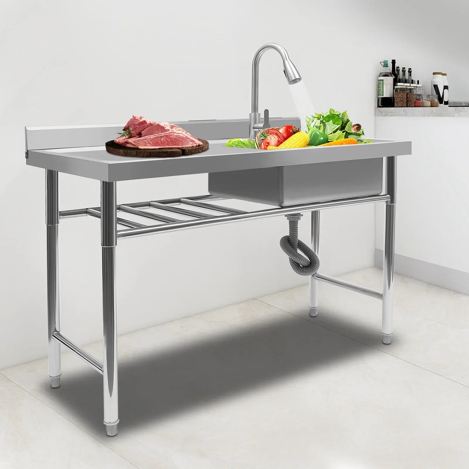 Aiqidi 47" Freestanding Stainless Steel Utility Sink, 1 Compartment Commercial Restaurant Kitchen Sink Washing Hand Basin w/Catering Prep Table & Pull-Out Faucet & Drainpipe