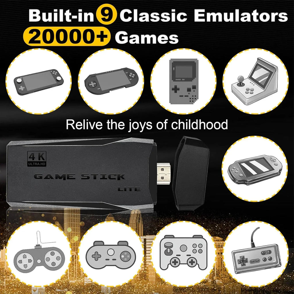 Retro Game Stick with Built-in 9 Emulators, Retro Gaming Console with 20,000+ Games, HD Output and 2.4GHz Wireless Controller TV Plug and Play - Revisit Classic Games