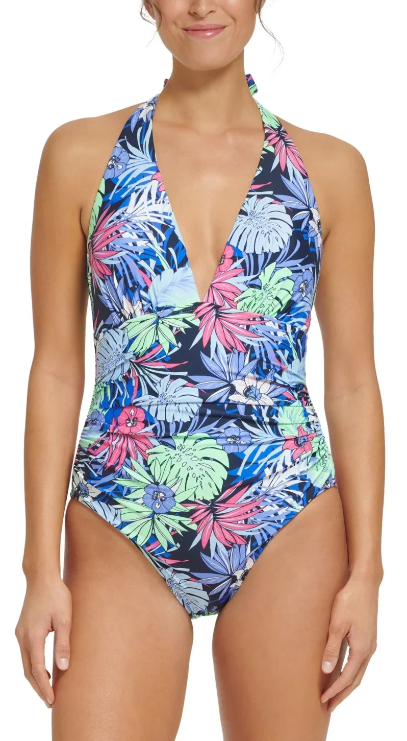 Tommy Hilfiger NEO MINT ALOHA FLORAL Standard Halter One-Piece Swimsuit, US 12