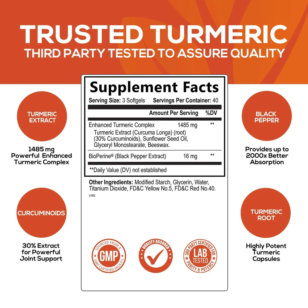Turmeric Curcumin with BioPerine 95% Standardized Curcuminoids 1500mg Black Pepper Extract Max Absorption, Premium Joint Support, Nature's Tumeric Herbal Supplement, Non-GMO, Vegan - 120 Capsules