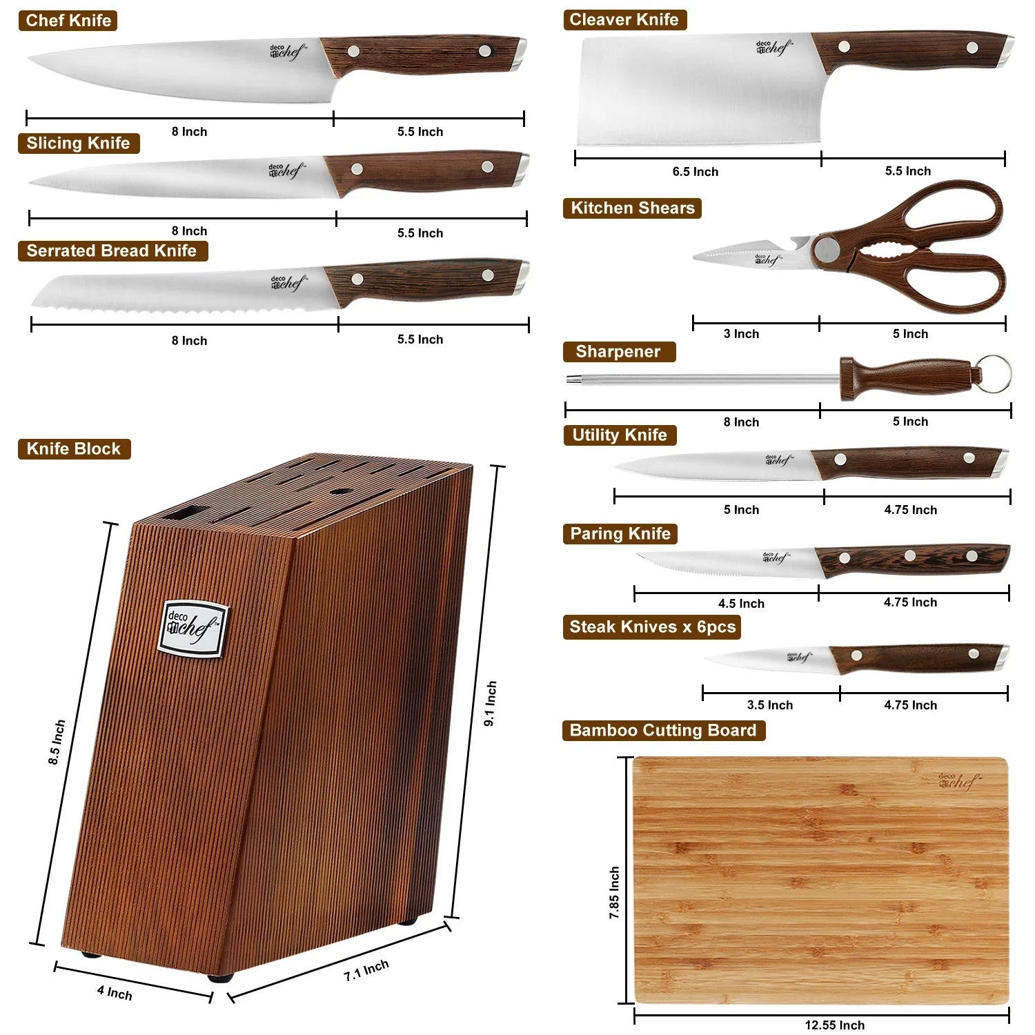 Deco Chef 16 Piece Kitchen Knife Set Wood Handles Chef Knife Cleaver Kitchen Shears and More