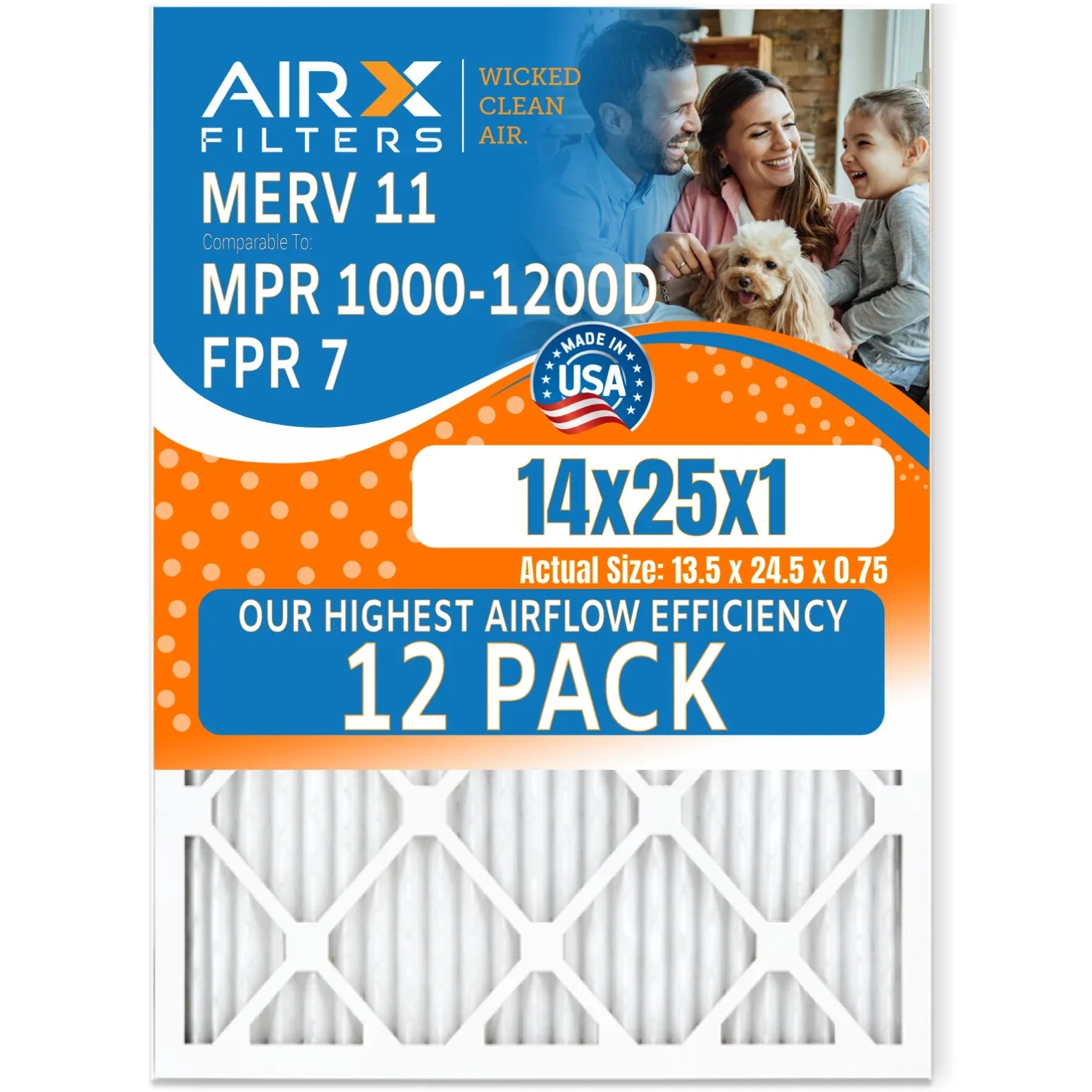 14x25x1 Air Filter MERV 11 Rating, 12 Pack of Furnace Filters Comparable to MPR 1000, MPR 1200, FPR 7, High Efficiency 12 Pack of Furnace Filters Made in USA by AIRX FILTERS WICKED CLEAN AIR.