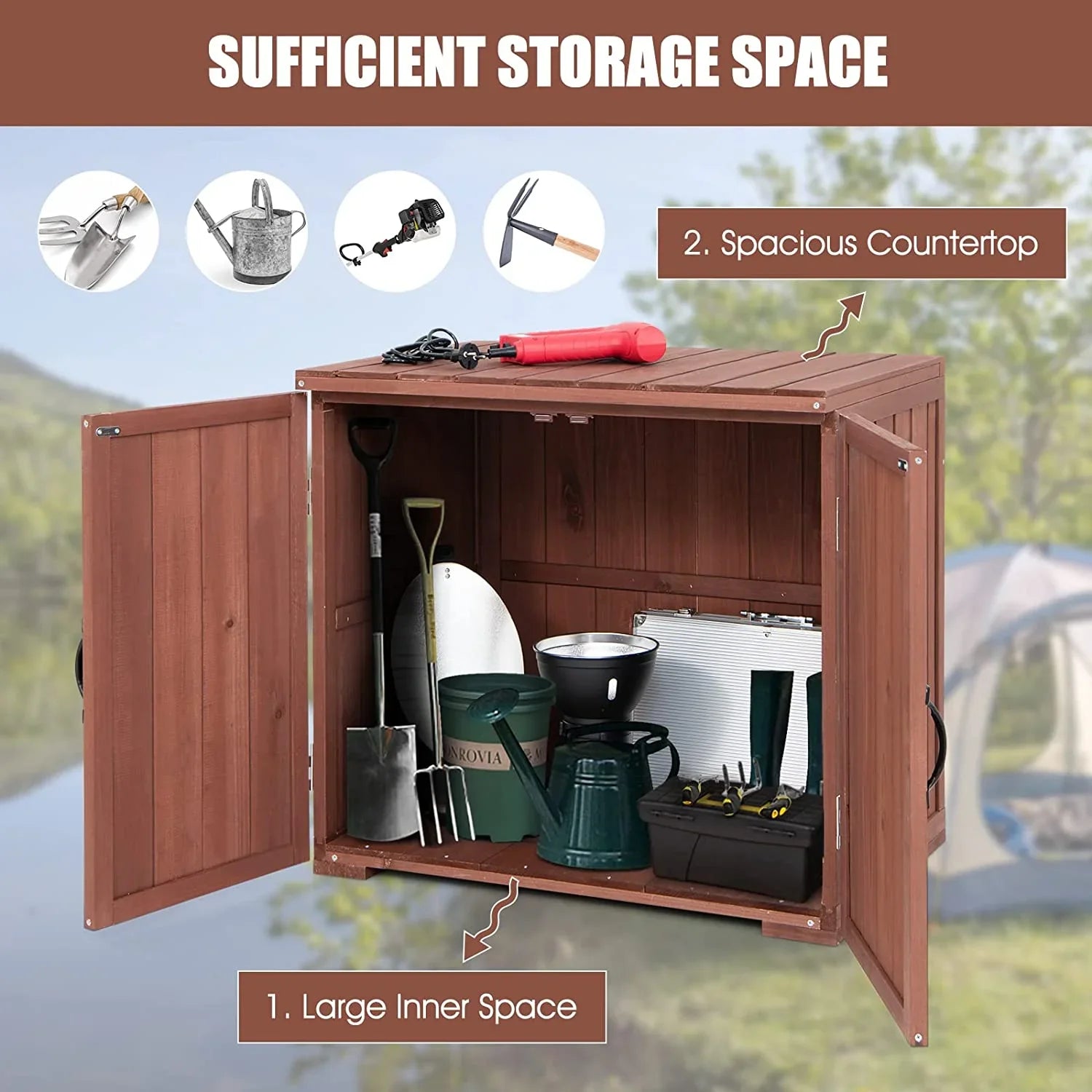 30" Outdoor Storage Box, Wooden Storage Deck Box W/Spacious Inner Space & Countertop, Tool Storage Cabinet Backyard Garden Porch, Easy Assembly, 30" x 22" x 28.5" (Brown)