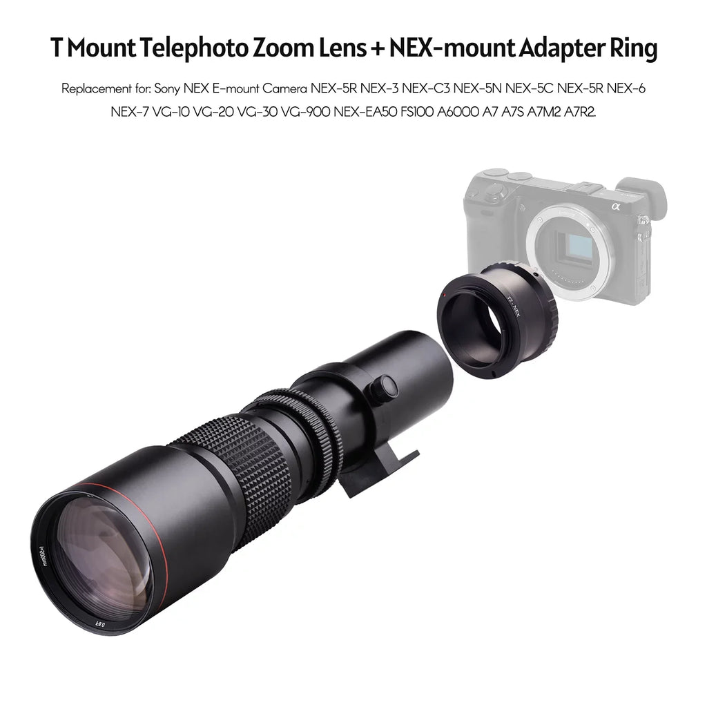 Aibecy 500mm F/8.0-32 Multi Coated Super Telephoto Lens Manual Zoom + T-Mount to NEX E-Mount Adapter Ring Kit Replacement Sony A9 A7 A7R A7S A5000 A6000 A6500 NEX-7 NEX-5 NEX-6 Cameras