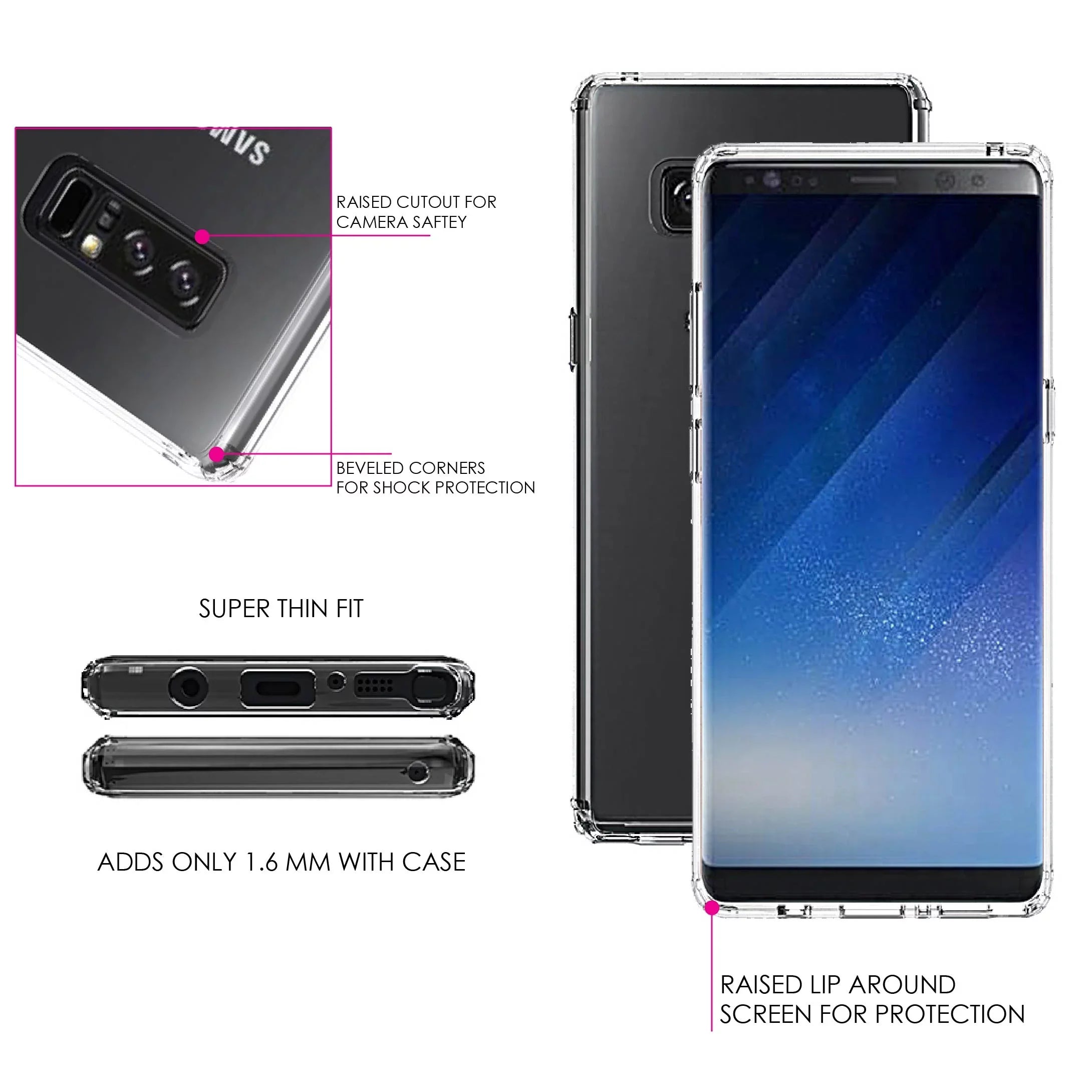 DistinctInk Clear Shockproof Hybrid Case Samsung Galaxy Note 8 - TPU Bumper, Acrylic Back, Tempered Glass Screen Protector - A Faith Can Moves Mountains