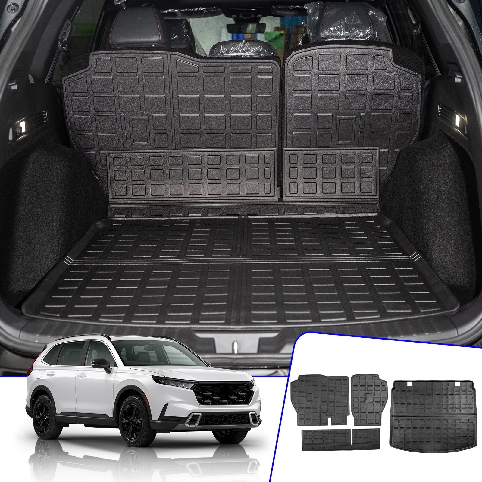 Cargo Mat with 2023 2024 Honda CRV Hybrid Cargo Liner Trunk Mat Back Seat Protection Protector Honda CR-V Accessories (Fit Upper Deck, Trunk Mat+Backrest Mats)